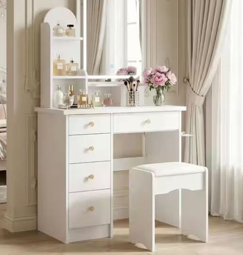 5-Drawers White Makeup Vanity Dressing Table Set With Stool, LED Lighted Mirror, Power Strip and Hair Dryer Holder