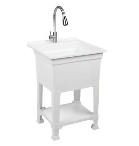 Glacier Bay 24 in. W x 24 in. D x 35 in. H Freestanding Laundry/Utility Sink in White with Stainless Steel Pull-Out Faucet