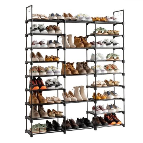 Tall Shoe Rack Organizer, 3 Rows & Hooks, 50-55 Pairs