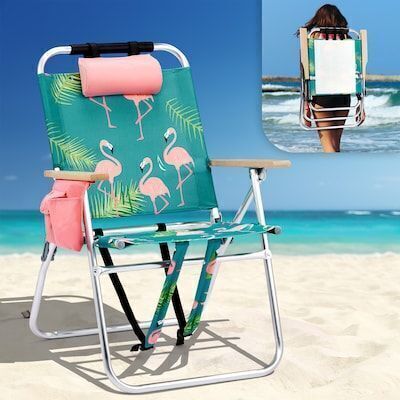 VINGLI 17-in Beach Chair with 3-Position Cooler Bag Cup Holders, Flamingo
