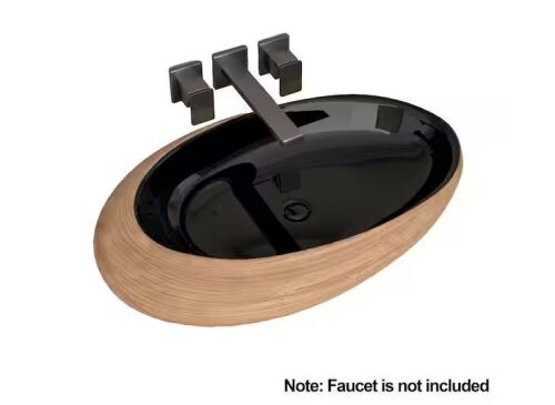 23 in. Retro Egg-Shaped Oval Ceramic Vessel Bathroom Sink in Wood Grain Black for Vanity