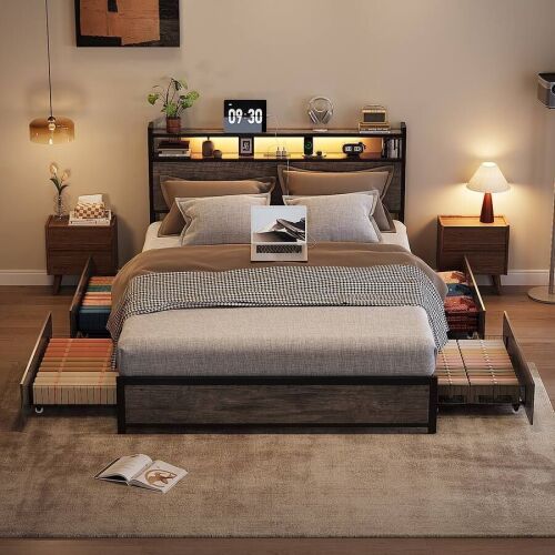 Bed Frame Full Size with 4 Storage Drawers and Storage Headboard Metal Platform with Charging Station and LED Lights