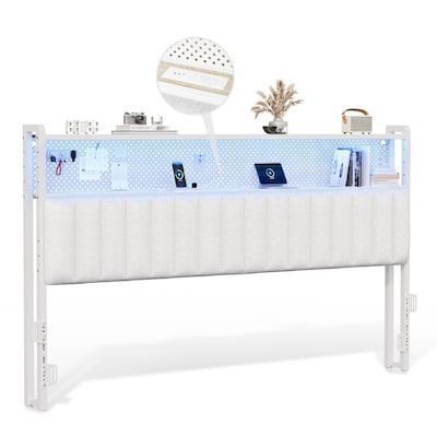 VINGLI King Size Upholstered Headboard with Storage Charging Stations and LED Lights 2 Tier Shelves and Pegboard White
