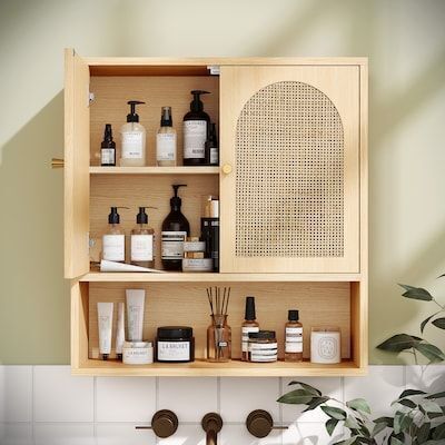 VINGLI 22.8W x 24.4H Oak Rattan Medicine Cabinet with Adjustable Shelf and Soft-Close Doors