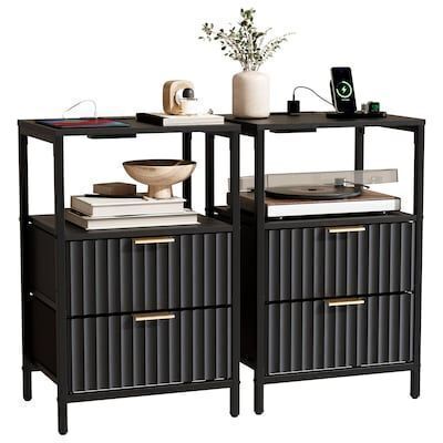 VINGLI 15W x 23.7H 2-PCs Fluted Nightstand with 2 Drawers 1 Shelf and Charging Station