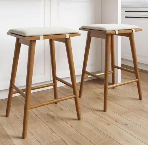 Nathan James Barker 25 in. Counter Height Wood Bar Stool w/ Upholstered Cushion, Cream Boucle/Brown, Set of 2