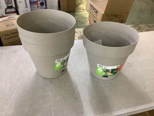 Lot of (4) Vigoro Vivienne Medium Gray Plastic Round Self-Watering Planter with Attached Saucer (12 in. L x 12 in. W x 10.98 in. H)