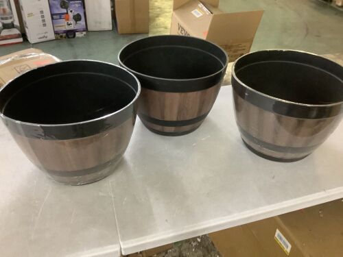 Lot of (3) Vigoro 16 in. Reedley Large Kentucky Walnut Brown Resin Wine Barrel Planter