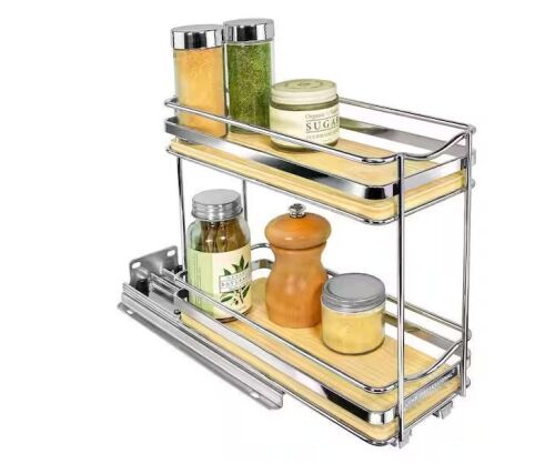 Lynk Professional Elite Pull Out Spice Rack Organizer for Cabinet, 4-1/4 in. Wide, Double, Wood-Chrome