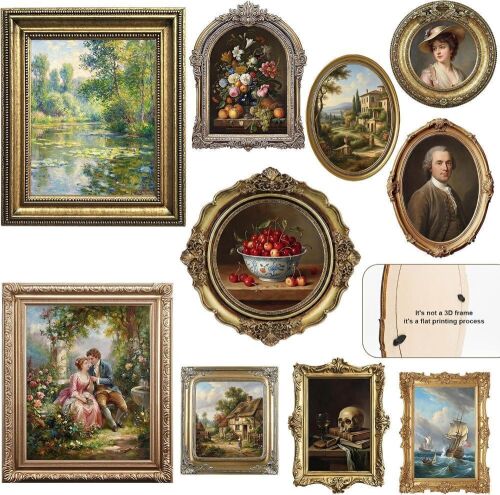 10 Pcs Gold Vintage Picture Frames for Wall, Flat Printed Patterns