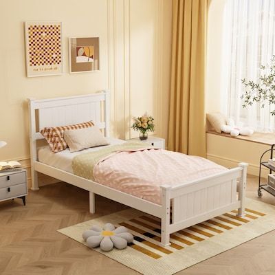 VINGLI 79L x 43W x 38H Twin Size Wood Bed Frame with Headboard No Box Spring Needed White