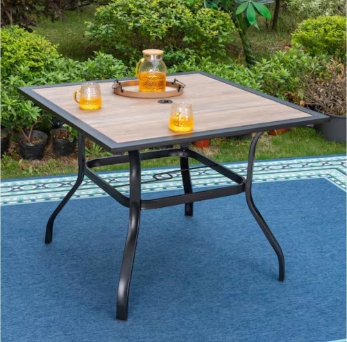 Phi Vila Black Square Metal Patio Outdoor Dining Table with 1.57" Umbrella Hole and Wood-Look Tabletop