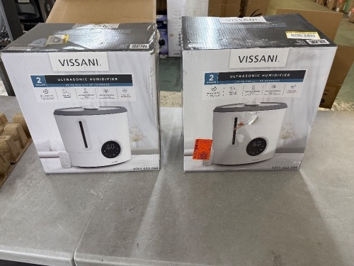 Lot of (2) Vissani 2 Gal. Ultrasonic Humidifier 360 Degree Turning Dual Nozzle Cool & Warm Mist for Large Room (600 sq. ft.) in Grey/White