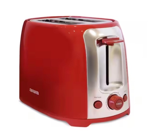 Aiwa Red, 2 Slice Wide Slot, Toaster Reheat and Defrost Function, 6 Browning Settings, Drop Down Crumb Tray