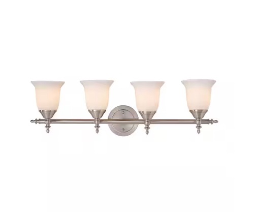 Hampton Bay Olgelthorpe 29.8 in. 4-Light Brushed Nickel Bathroom Vanity Light Fixture with Bell Shaped Frosted Glass Shades
