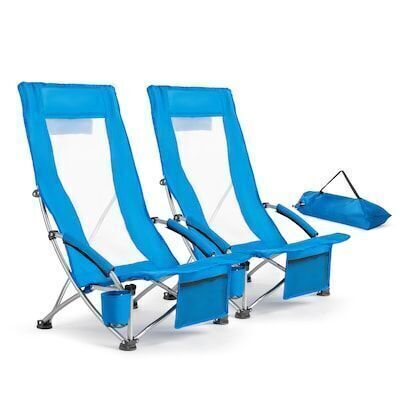 VINGLI 2-Pcs Low Beach Chairs with High Back and Carry Bag Blue