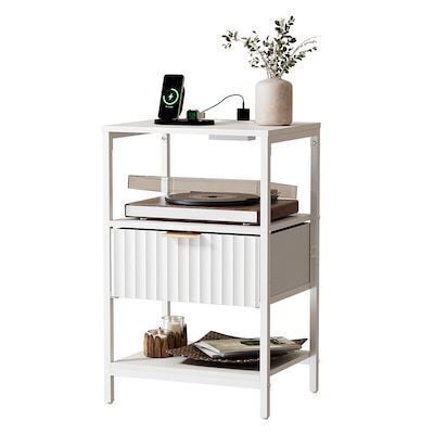 VINGLI 15W x 23.7H Fluted Nightstand with 1 Drawers 2 Shelf and Charging Station