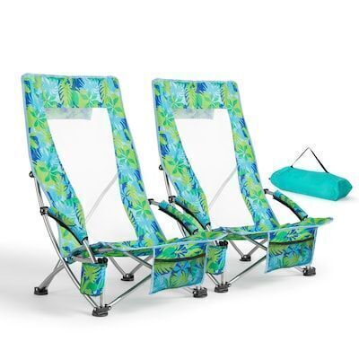 VINGLI 2-Pcs Low Beach Chairs with High Back and Carry Bag Green Leaves