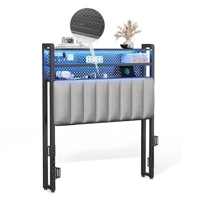 VINGLI Twin or Twin XL Headboard Upholstered with 3 Tier Shelves Charger LED Light and Pegboard Dark Gray