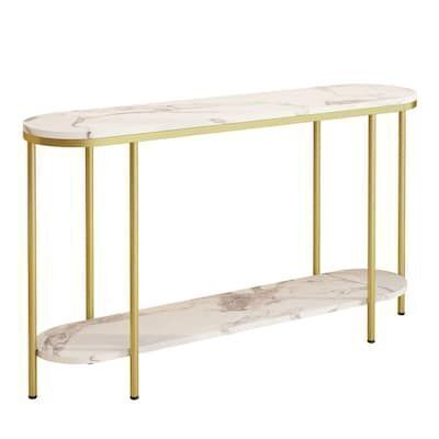 42in 2-Tier Faux Marble Narrow Console Table with Metal Frame