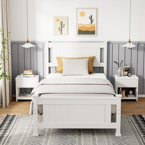 Twin Size Wood Platform Bed Frame with Headboard White