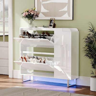 VINGLI 42W Modern High Gloss Shoe Cabinet with LED Lights, 2 Flip Drawers and Side Cabinet for Tall Boots White