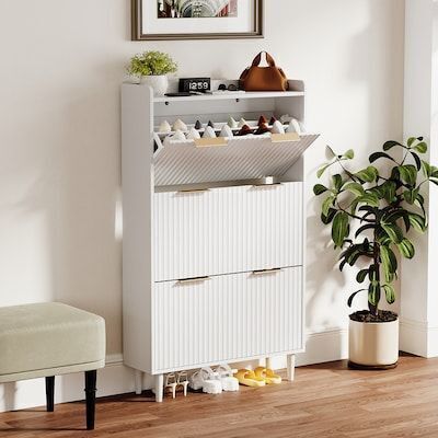 VINGLI 9.45D x 31.5W x 53H White Fluted Shoe Storage Cabinet, 3 Flip Drawers