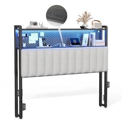 VINGLI Full Size Headboard Only with 2 Tier Shelves Pegboard Charging Stations and LED Lights Black Frame and Gray Back