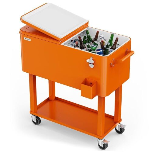 80 Quart Portable Outdoor Patio Rolling Cooler Cart Orange