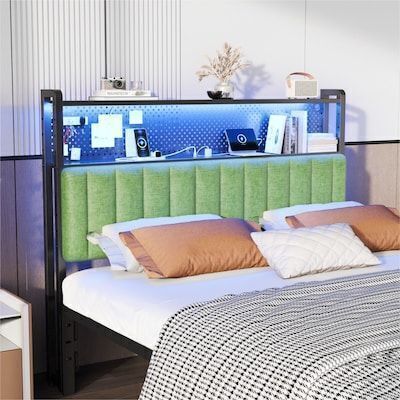 VINGLI Full Size Adjustable Upholstered Headboard with 2-Tier Shelves/LED/Pegboard/Charging Station/Green