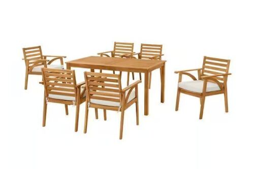 Hampton Bay Windy Hill 7-Piece Acacia Wood Outdoor Dining Set with CushionGuard Almond Biscotti Cushions