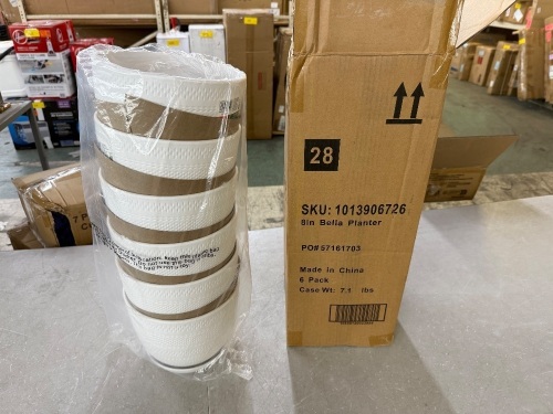 Lot of (6) Brighton Medium White Plastic Round Planter with Drainage Holes and Attached Saucer (8 in. L x 8 in. W x 7 in. H)