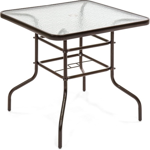 32in Square Tempered Glass Patio Bistro Table w/Umbrella Hole, Steel Frame - Lot 242