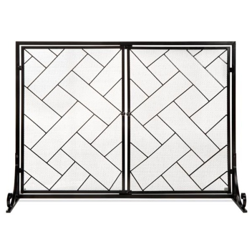 2-Panel Wrought Iron Geometric Fireplace Screen w/ Magnetic Doors - 44x33in - Lot 256