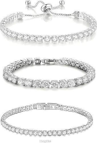 14K Silver Plated Tennis Bracelet Set for Women, Adjustable Fit Cubic Zirconia, Classic, Wedding, Prom, Party and Everyday Elegant Jewelry Gift, Crystal Bridal Bracelets