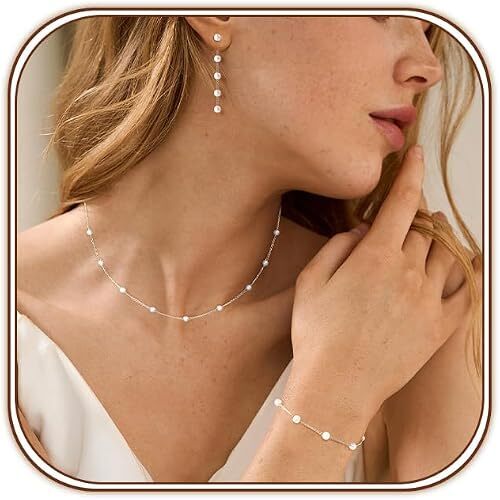 KXIEER Gold Jewelry Set for Women Layered Necklace Wedding Jewelry Set Dainty 14K Gold/Silver Plated Pearl Necklace and Earring Set Pearl Drop Earrings Pearls Bracelets Pearls Choker Necklace
