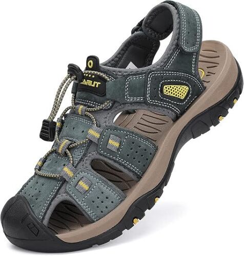 FLARUT Mens Closed Toe Hiking Sandals,Leather Athletic Water Shoes Durable Leather Upper,Excellent Toe Protection,Grip Rubber Outsole,Lightweight&Cushion EVA Midsole