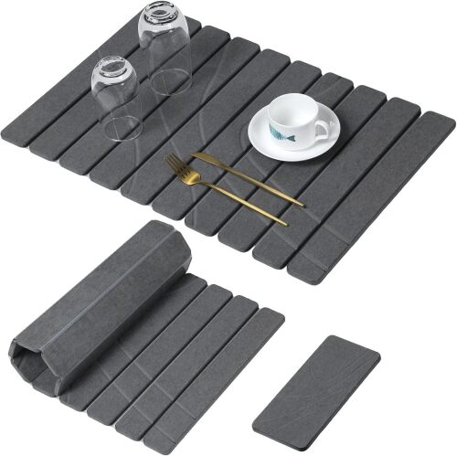 Large Stone Dish Drying Mat for Kitchen Counter,2 PCS Quick Dry Stone Mats,Foldable Water Absorbing Diatomaceous Drying Pad for Countertop Bottles Utensils Cups (Flow Line Dark Gray 24"x16" & 8"x4")
