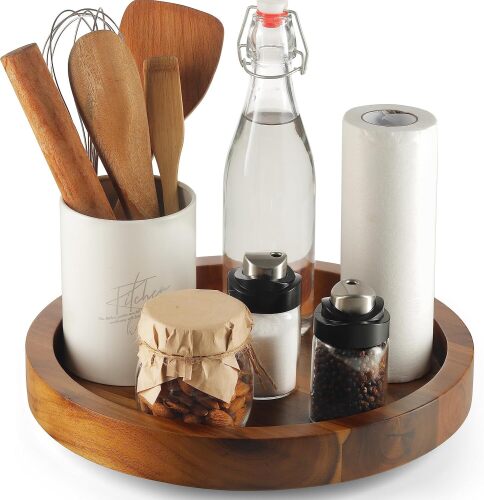 Wooden Lazy Susan Organizer for Cabinet, 360° Rotation, High Rim Solid Acacia Wood, Non-Skid Pads, Swivel Round Lazy Susans Turntable for Countertop, Decorative Tray, Cheese Board, Multi-Use