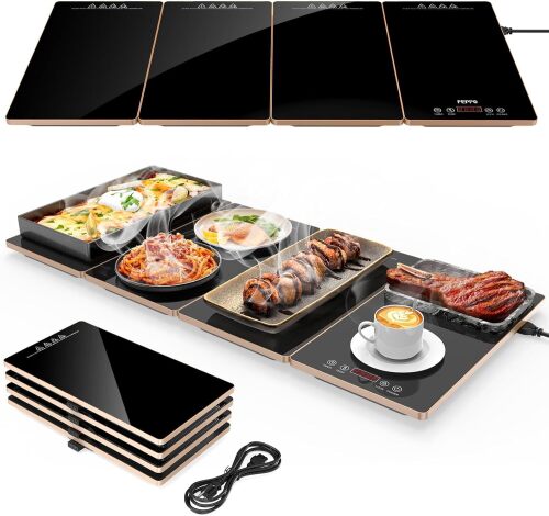 FEPPO Electric Warming Tray, 4-in-1 Food Warmers for Parties Buffet 33"x15" Glass Surface Warming Mat for Food, 10 Temp Settings and Timer, Modular Buffet Hot Plates for Catering and Gatherings