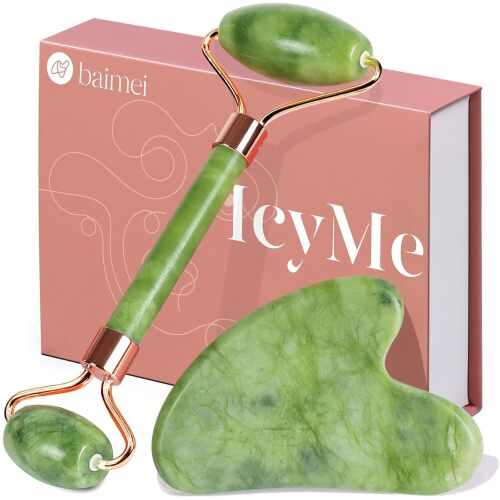 BAIMEI IcyMe Gua Sha & Jade Roller Set for Facial Sculpting and Relaxation Cooling Face Roller & Guasha Tool for Face Lymphatic Drainage, Depuffing, Jawline Definition, Skin Care Gifts for Women–Green