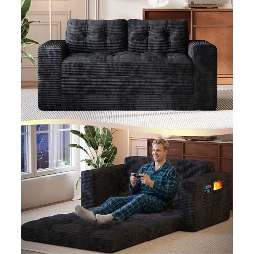 Lofka Boneless Convertible Floor Sofa Bed 59-Inch Folding Loveseat Couch for Small Spaces Corduroy 2 Seater Lounge Sleeper with 2 Pillows Pockets for Living Room Bedroom Apartment No Assembly - Black