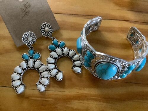 Vintage Style Turquoise and Silver Cuff Bracelet with Turquoise and White Horseshoe Earrings