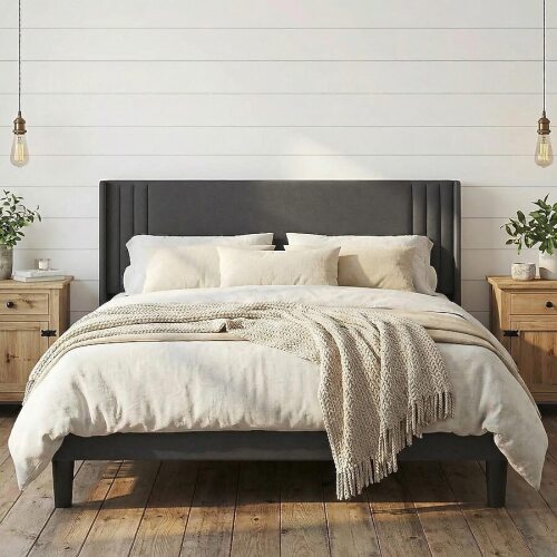Lofka Queen Bed Frame with Wingback Headboard Upholstered Platform Bed with Modern Geometric Headboard Wooden Slats Noise-Free No Box Spring Needed - Dark Gray