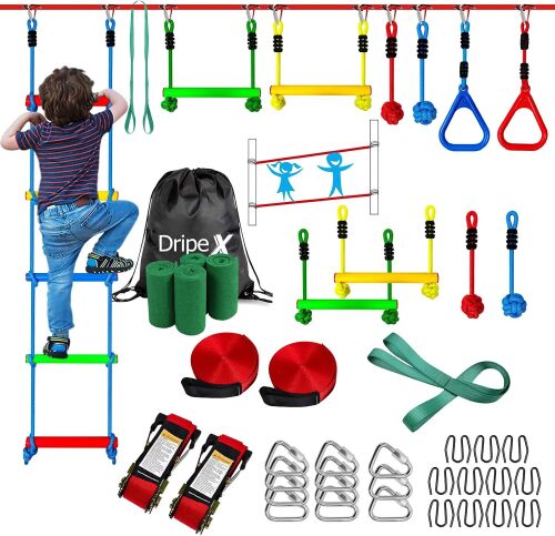 Dripex Ninja Warrior Obstacle Course for Kids, 2×50ft Slack Lines for Backyard with 8 Ninja Accessories - Monkey Bar, Rope Ladder, Gymnastic Ring, Arm Trainer and Monkey Fist