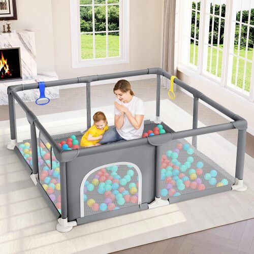 Dripex Playpen for Babies and Toddlers, Safe Anti-Fall Play Yard, Visible Play Pen with Gate, Baby Fence Play Area with Pull-up Ring, Washable Baby Play Yards, Anchor Grey