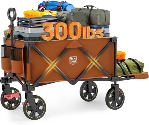 TIMBER RIDGE 49" Extra Long Collapsible Folding Wagon with Tailgate and Brakes, 300lbs Heavy Duty Foldable Wagon with Adjustable Handle, 250L Capacity Portable Cart for Outdoor Camping Sports, Orange