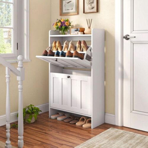 Lofka Shoe Organizer Storage Cabinet With 2 Flip Drawers, 2 Levels Of Shoe Storage, Anti-Tip Device, With Side Hooks,Space-Saving For Hallway, For Entryway