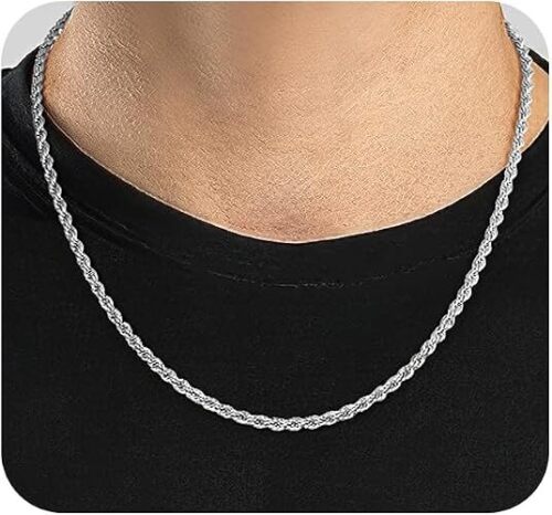 Jewlpire Rope Chain Necklace for Men, Silver Tone Mens Chain Necklaces, Stainless Steel Necklace Chains