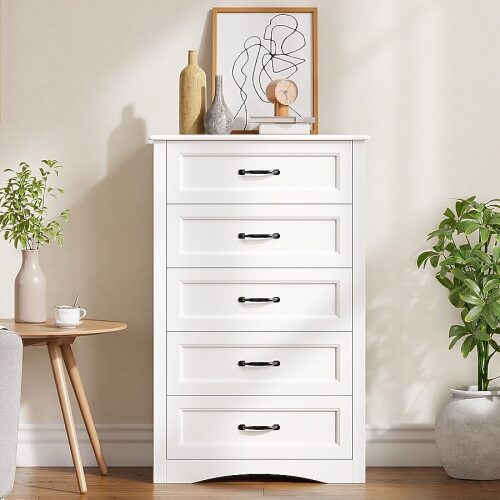 Lofka 43.3-In W 5 Drawer Dresser White Wood Chest of Drawers for Bedroom 43.3inch Large Capacity Storage Cabinet with Anti-Tip Device for Clothes Living Room Hallway Office